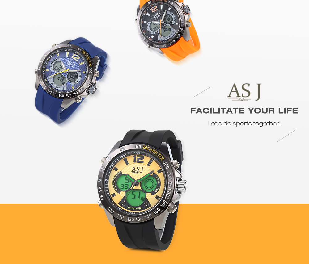 ASJ B047 Dual Movt Sports LED Male Watch Calendar Stopwatch Alarm Men Wristwatch