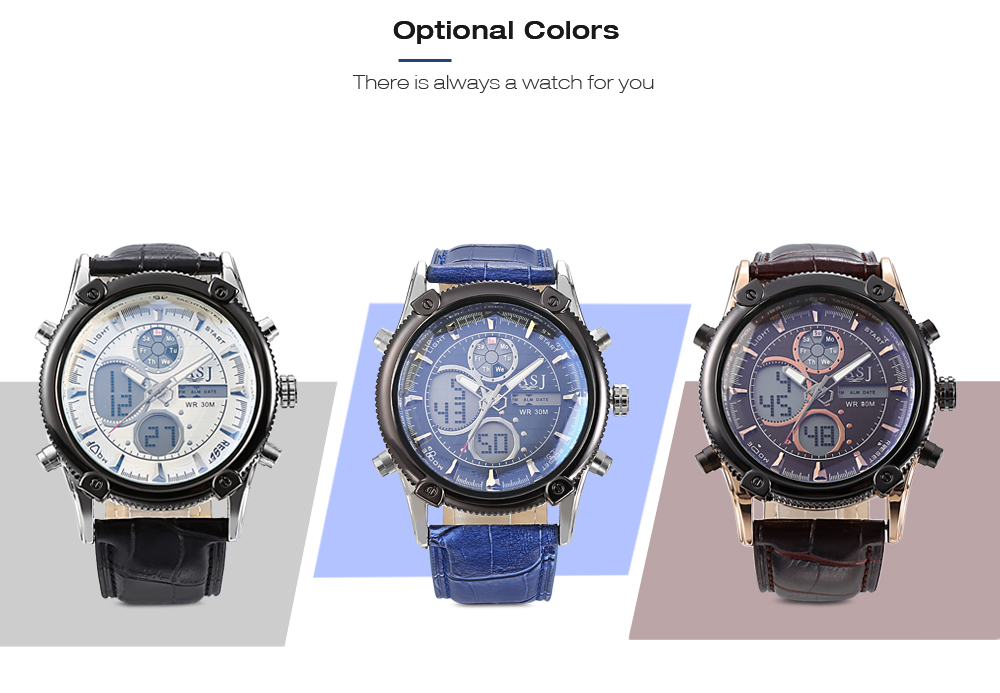 ASJ 8154 Dual Movt Sports LED Male Watch Calendar Stopwatch Alarm Men Wristwatch