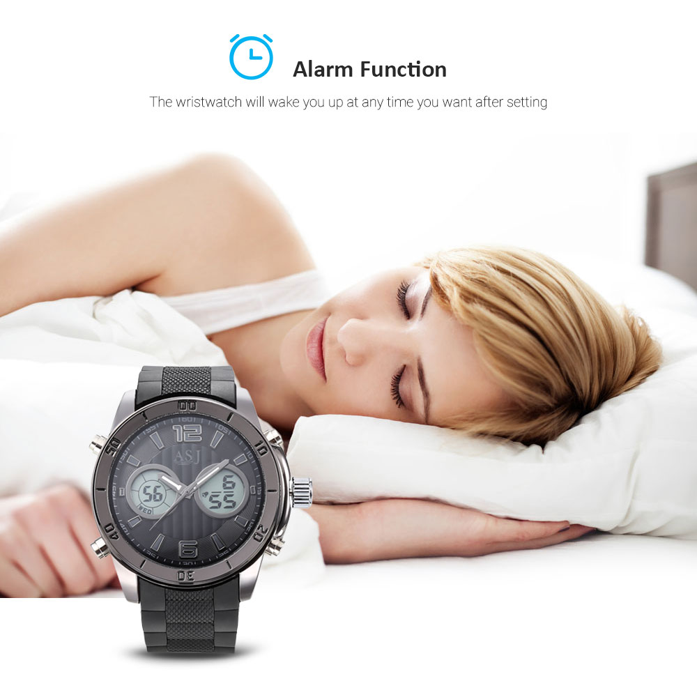 ASJ B048 Dual Movt Sports LED Male Watch Calendar Stopwatch Alarm Men Wristwatch