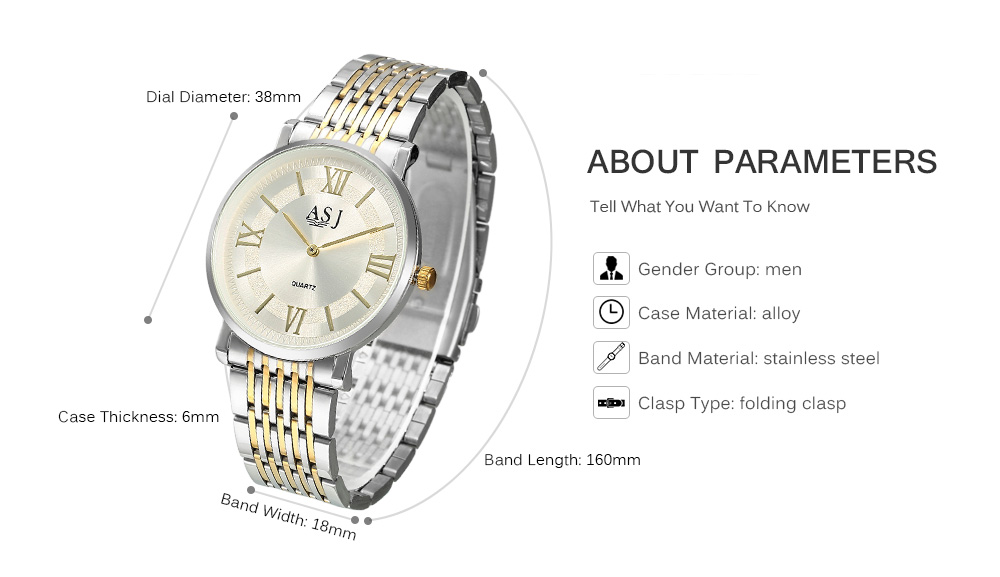 ASJ GP8920 Men Quartz Watch Stainless Steel Band Male Wristwatch