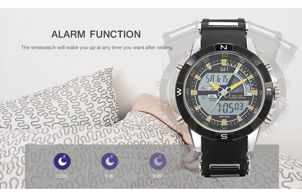 ASJ B220 Dual Movt Sports LED Male Watch Calendar Stopwatch Alarm Men Wristwatch