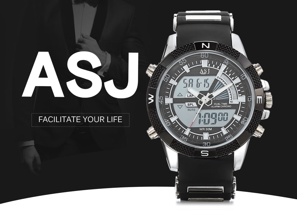 ASJ B220 Dual Movt Sports LED Male Watch Calendar Stopwatch Alarm Men Wristwatch