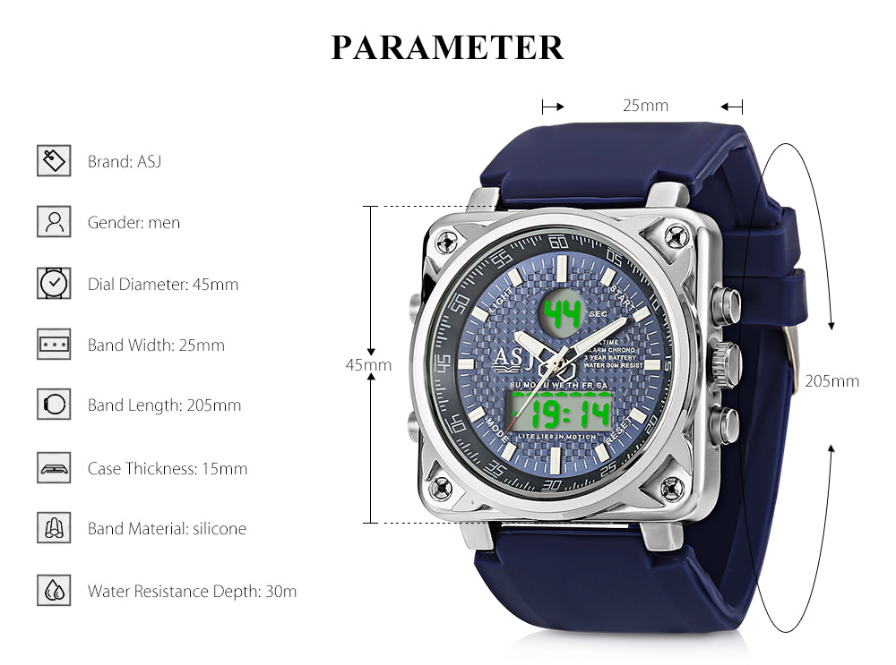 ASJ B181 Dual Movt Sports LED Male Watch Calendar Stopwatch Alarm Men Wristwatch