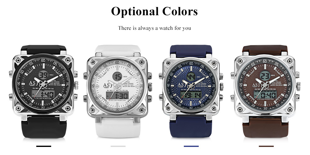 ASJ B181 Dual Movt Sports LED Male Watch Calendar Stopwatch Alarm Men Wristwatch