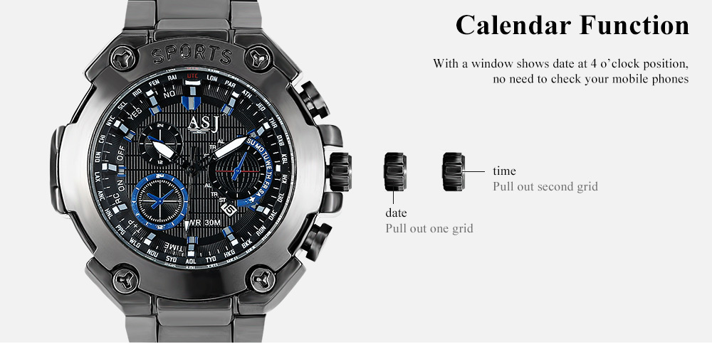 ASJ 8155 Men Quartz Watch Calendar Stainless Steel Band Male Wristwatch