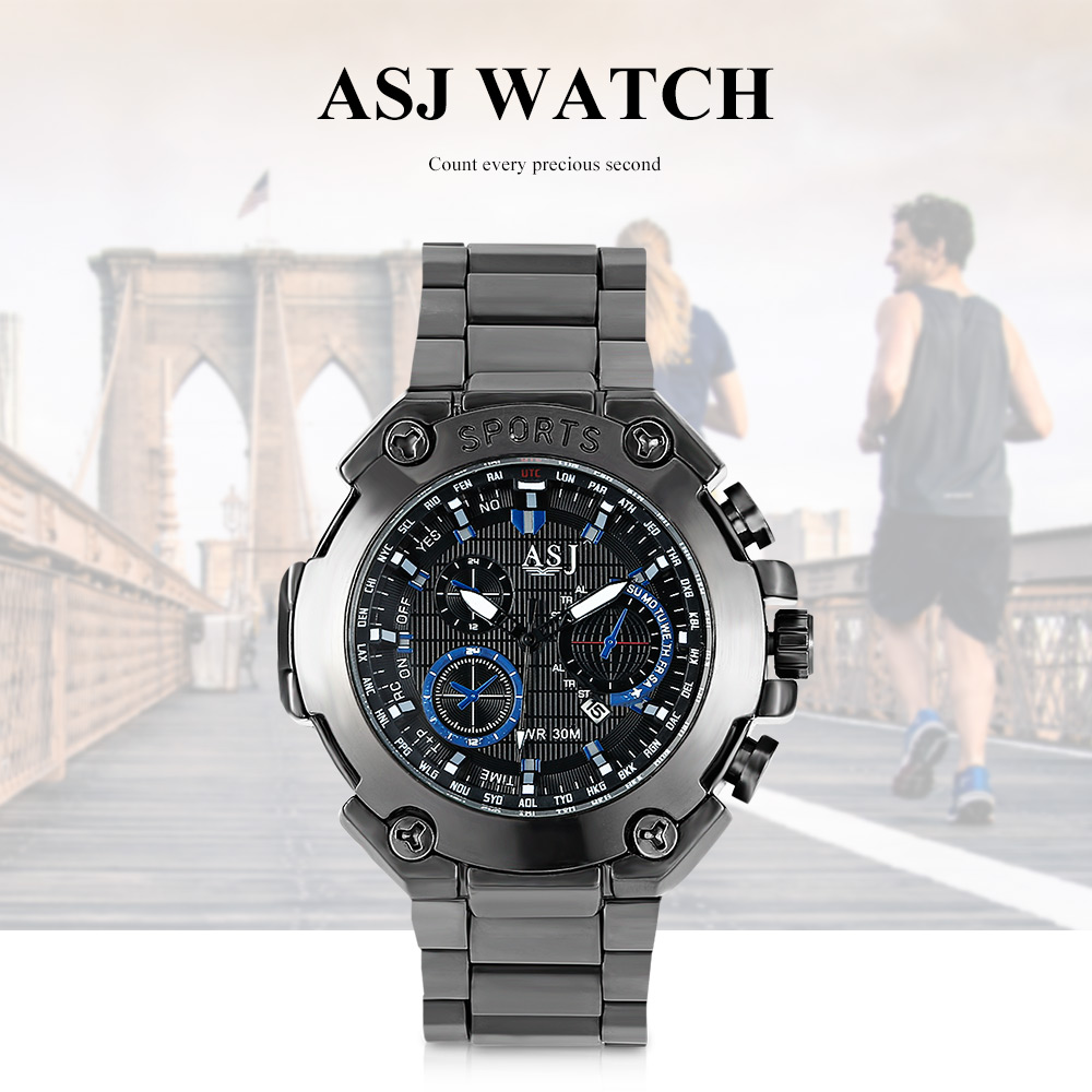 ASJ 8155 Men Quartz Watch Calendar Stainless Steel Band Male Wristwatch