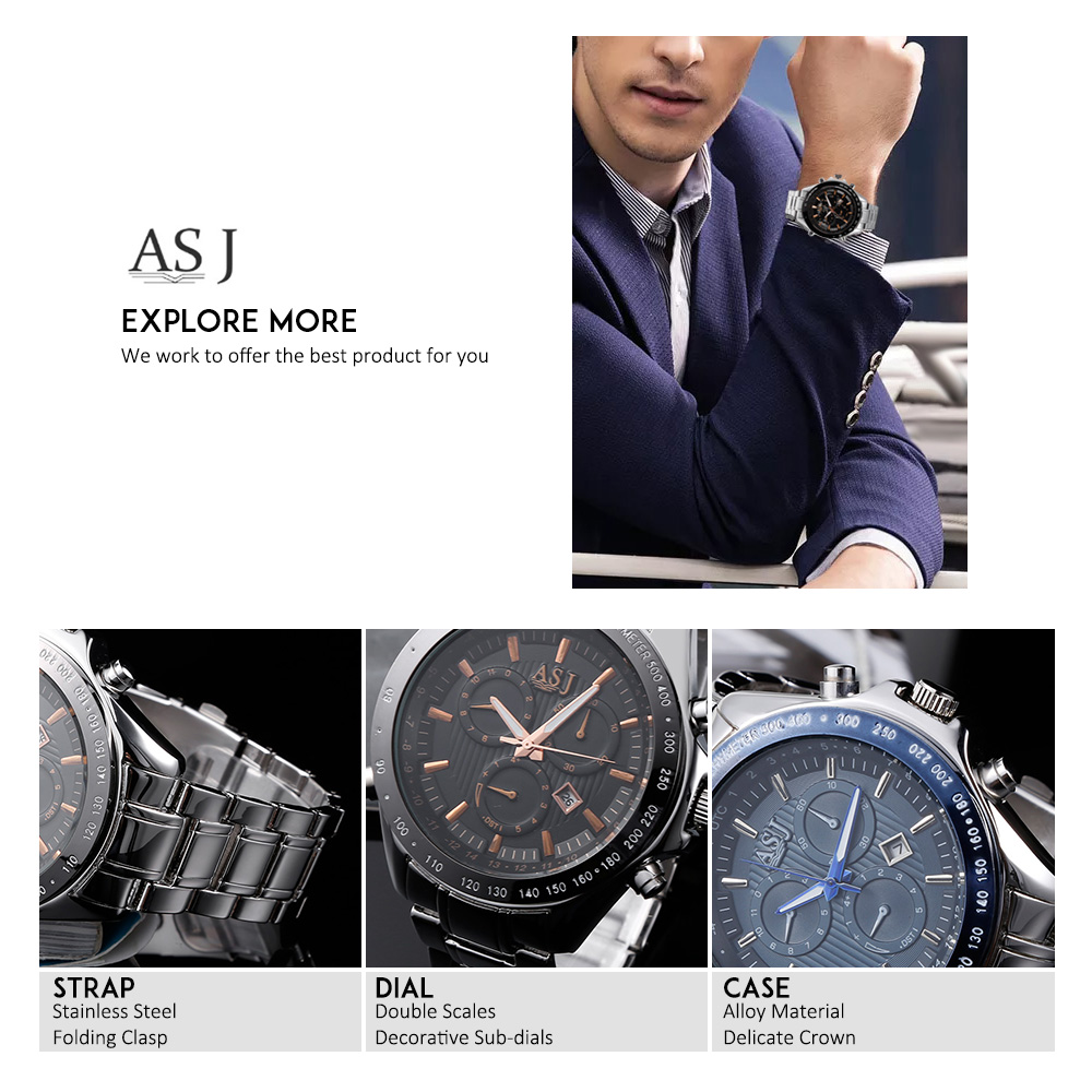ASJ GP8786 Men Quartz Watch Calendar 3ATM Male Wristwatch