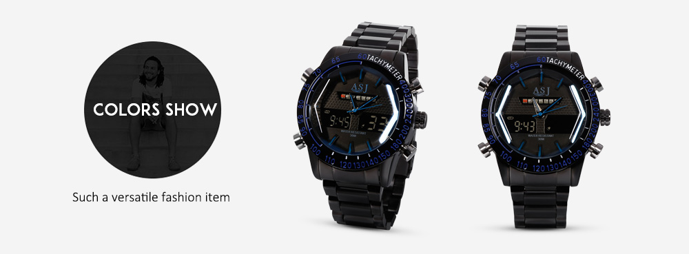 ASJ B42 Dual Movt Sports LED Male Watch Calendar Stopwatch Alarm Men Wristwatch
