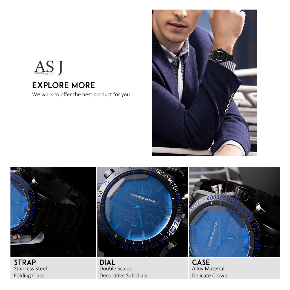 ASJ B42 Dual Movt Sports LED Male Watch Calendar Stopwatch Alarm Men Wristwatch