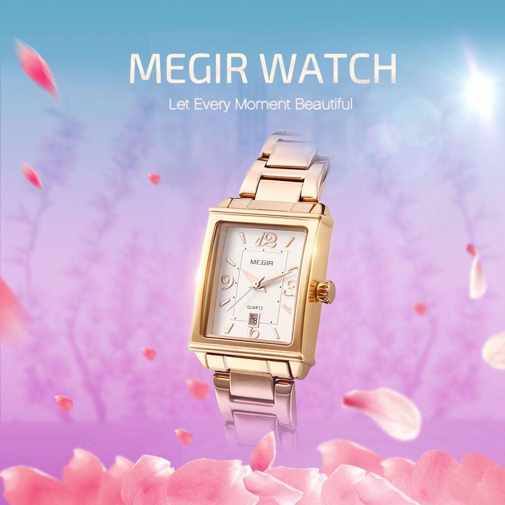 MEGIR MS1079L Women Quartz Watch Square Dial Calendar Female Wristwatch