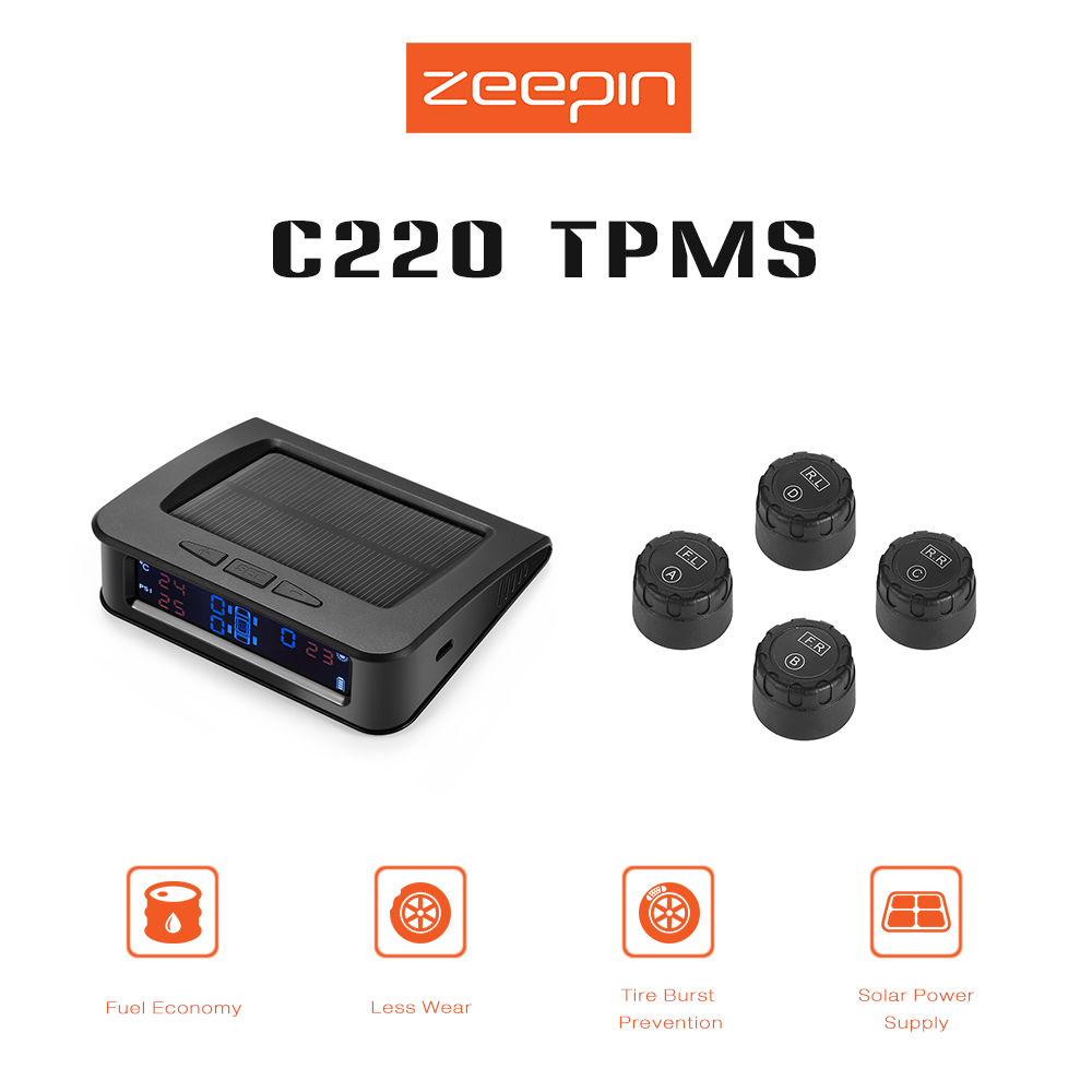ZEEPIN C220 Solar Powered TPMS Car Tire Pressure Monitor System Voice Broadcast 4 External Sensors