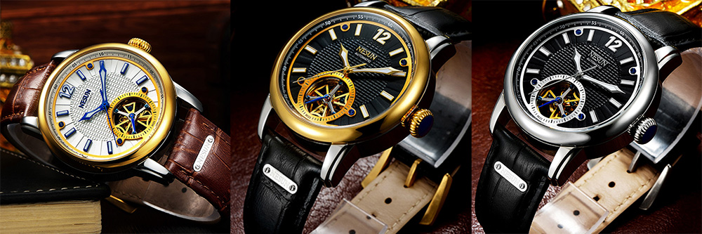 Nesun MN9033 Cool Hollow Luminous Leather Strap Automatic Mechanical Watch for Men