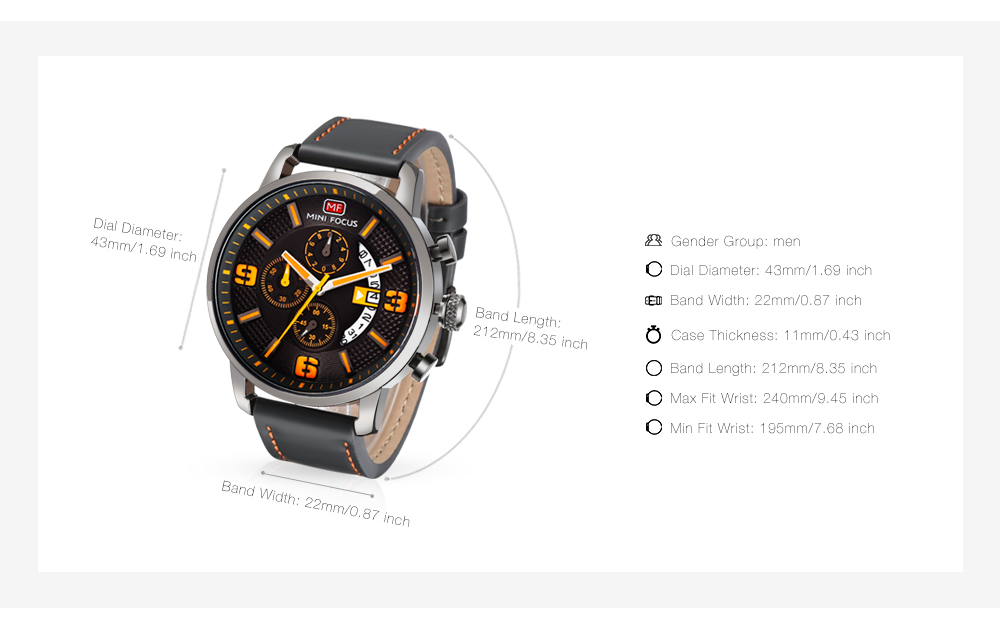 MINI FOCUS Male Quartz Watch Rotate Calender Display Leather Strap Leisure Wristwatch for Men
