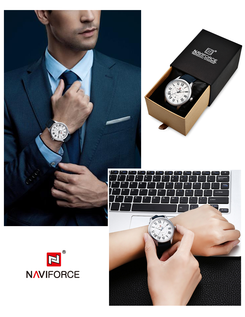 NAVIFORCE 9126 Male Quartz Watch Roman Numerals Scales Date Display Leisure Wristwatch for Men