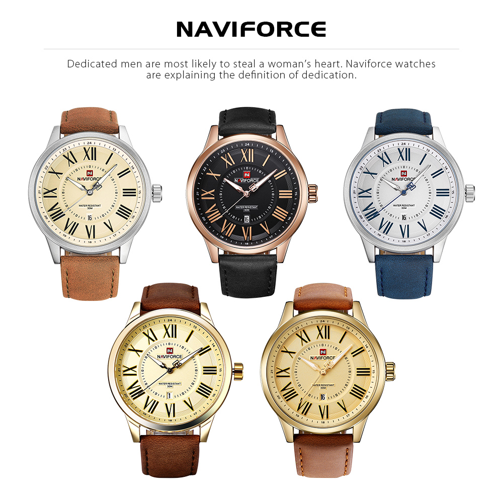 NAVIFORCE 9126 Male Quartz Watch Roman Numerals Scales Date Display Leisure Wristwatch for Men