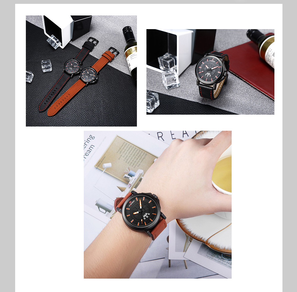 NAVIFORCE 9125 Male Calender Display Quartz Movt Watch Leather Strap Big Dial Wristwatch for Men