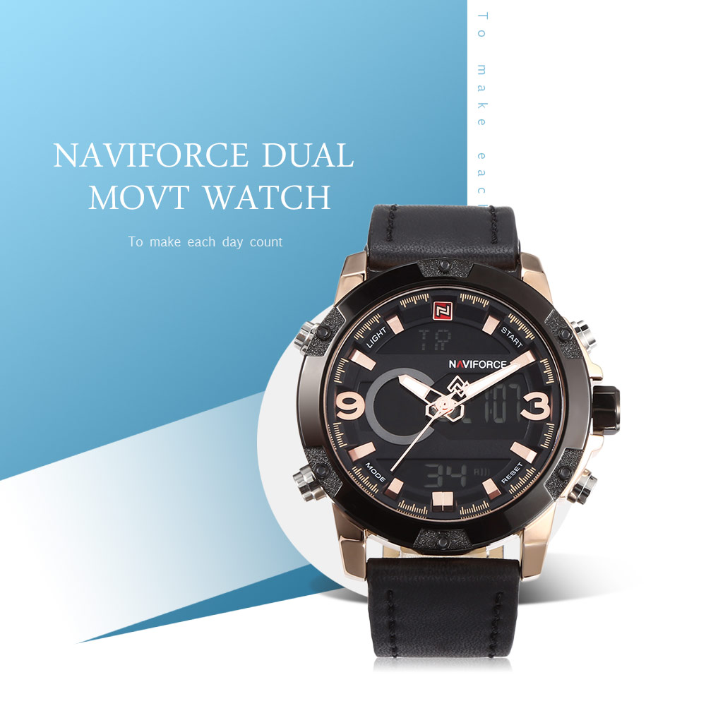 NAVIFORCE 9097 Male Dual Movt Watch Digital Calendar Display LED Backlight Luminous Wristwatch for Men