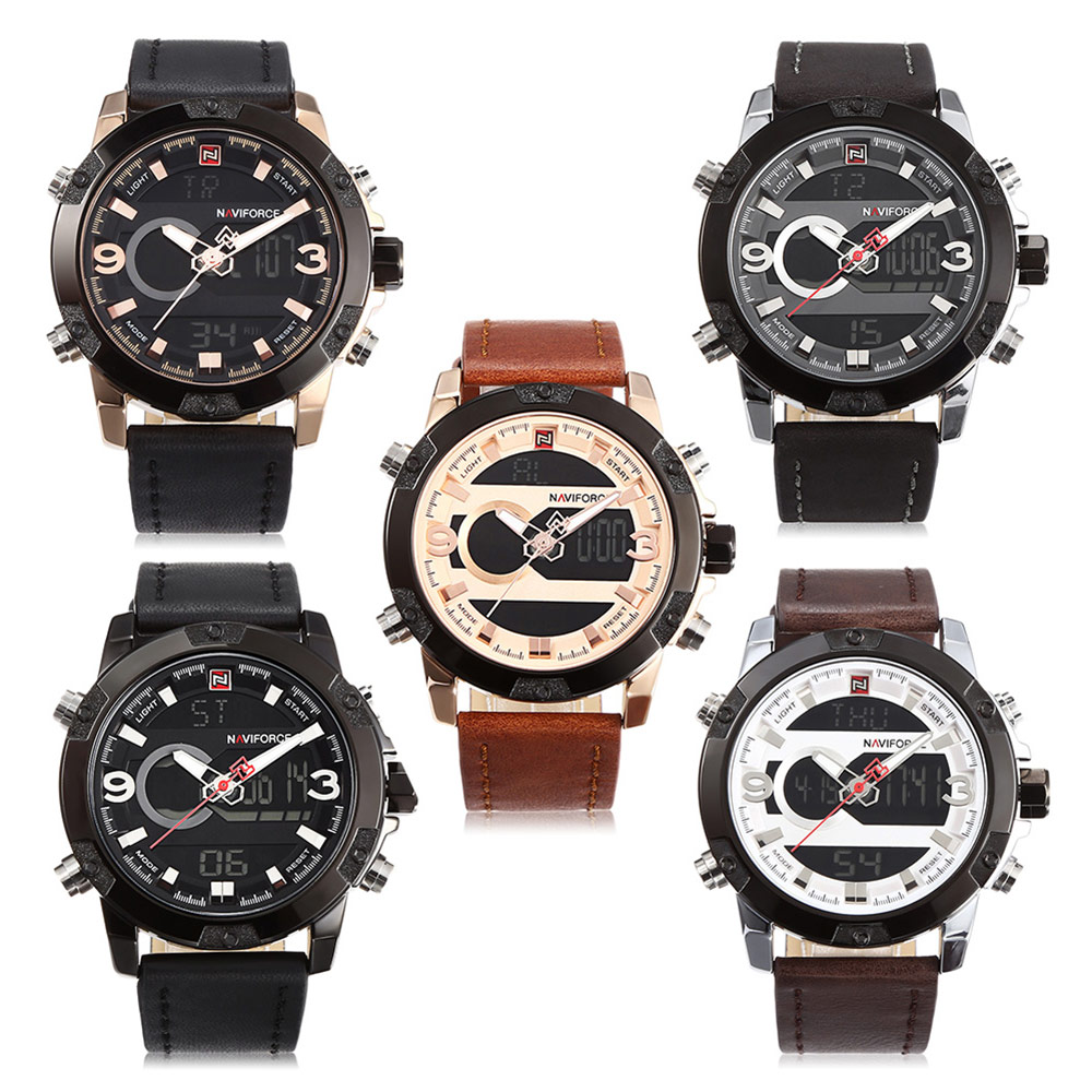 NAVIFORCE 9097 Male Dual Movt Watch Digital Calendar Display LED Backlight Luminous Wristwatch for Men