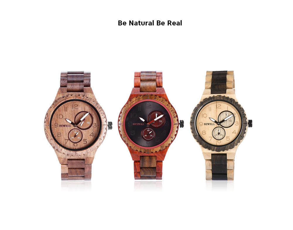 BEWELL ZS - W154A Male Wooden Watch Calendar Luminous Pointer Natural Wristwatch for Men