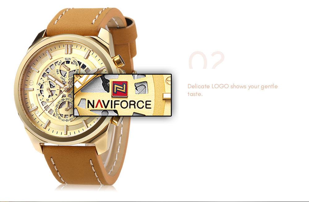 NAVIFORCE 9129 Male Quartz Watch Six Pointers Week Date Display Imitated Mechanical Dial Wristwatch for Men