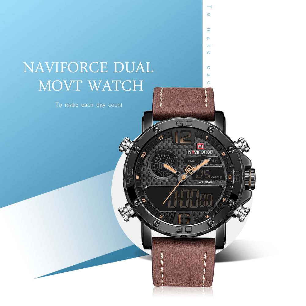 NAVIFORCE 9134 Male Dual Movt Watch Digital Calendar Display LED Backlight Luminous Wristwatch for Men