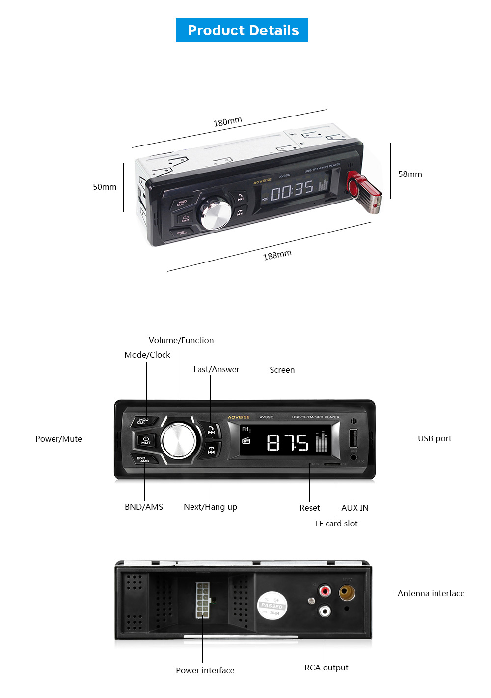 AOVEISE AV320 2.8 inch LCD Screen Car MP3 Player Bluetooth FM Radio