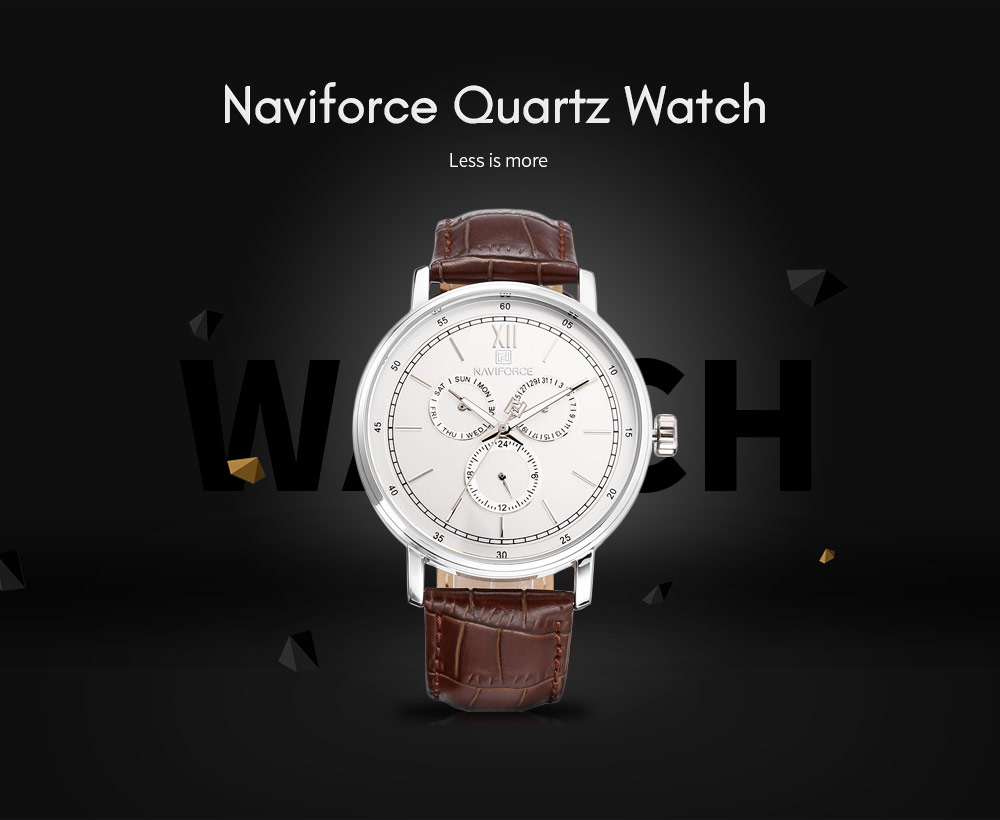 Naviforce 3001 Male Quartz Watch Leather Band Six Pointers Casual Wristwatch