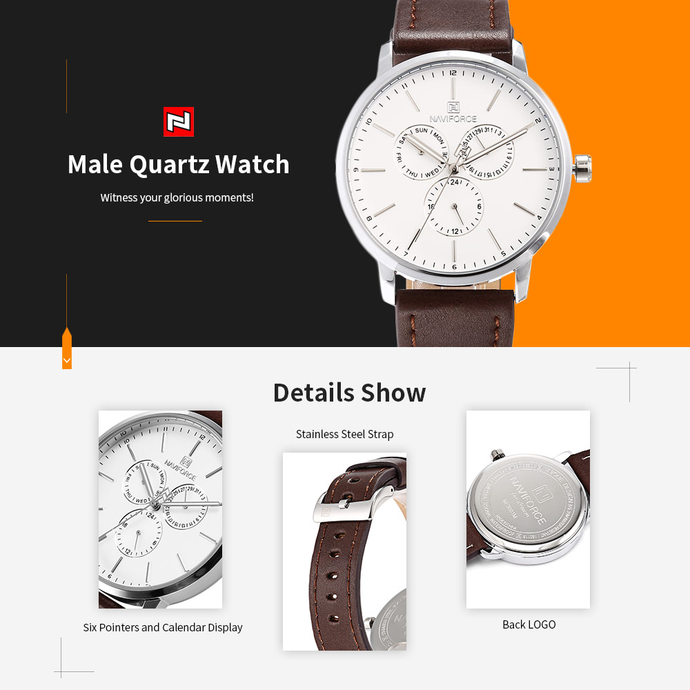 Naviforce 3002 Male Quartz Watch Six Pointers Calendar Wristwatch for Men