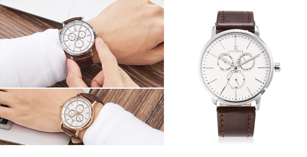 Naviforce 3002 Male Quartz Watch Six Pointers Calendar Wristwatch for Men