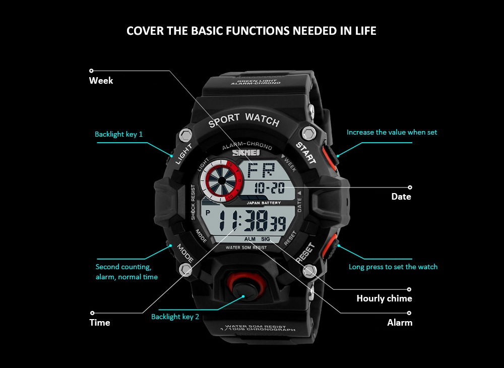 SKMEI Men Digital Wristwatch Multifunctional Alarm LED Backlight