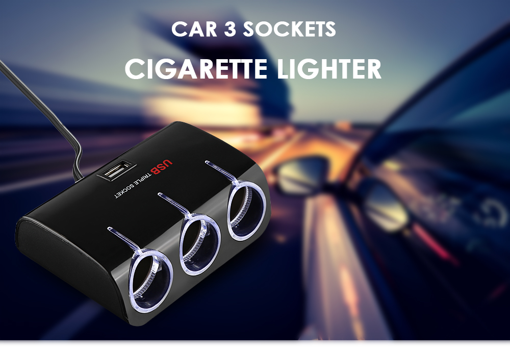 70W Car Multifunctional 3 Sockets Cigarette Lighter with USB Charging Port