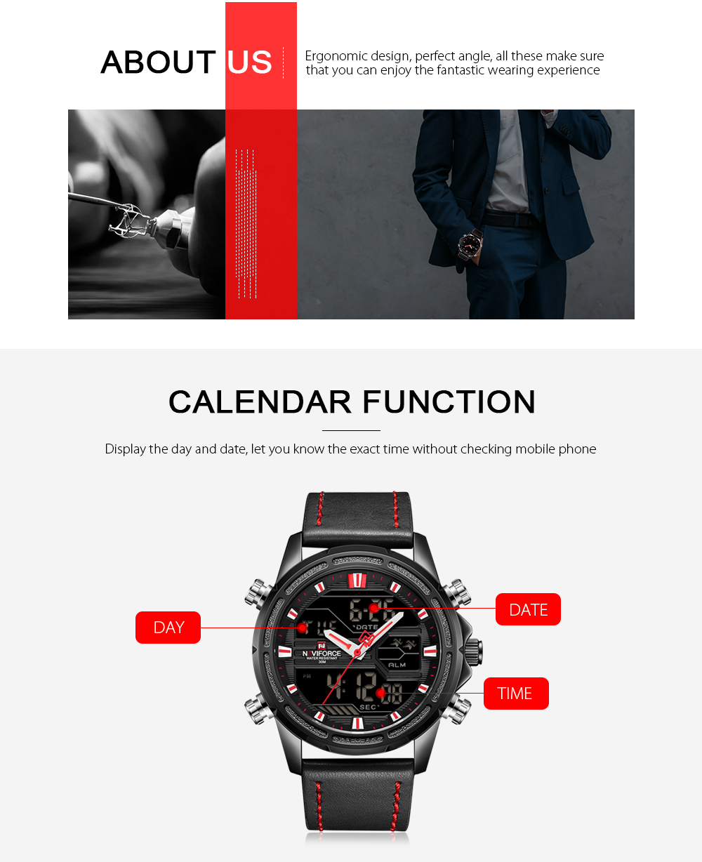 NAVIFORCE 9138 Male Quartz LCD Digital Watch Calendar Leather Band Wristwatch