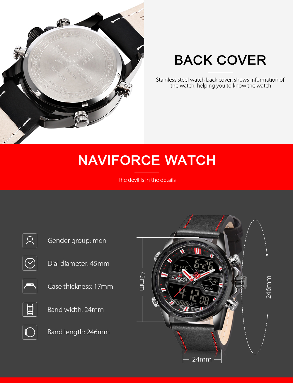 NAVIFORCE 9138 Male Quartz LCD Digital Watch Calendar Leather Band Wristwatch