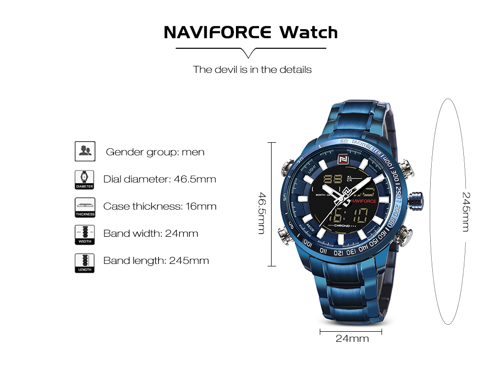 NAVIFORCE 9097 Male Dual Movt Watch Leather Strap LED Luminous Display for Men