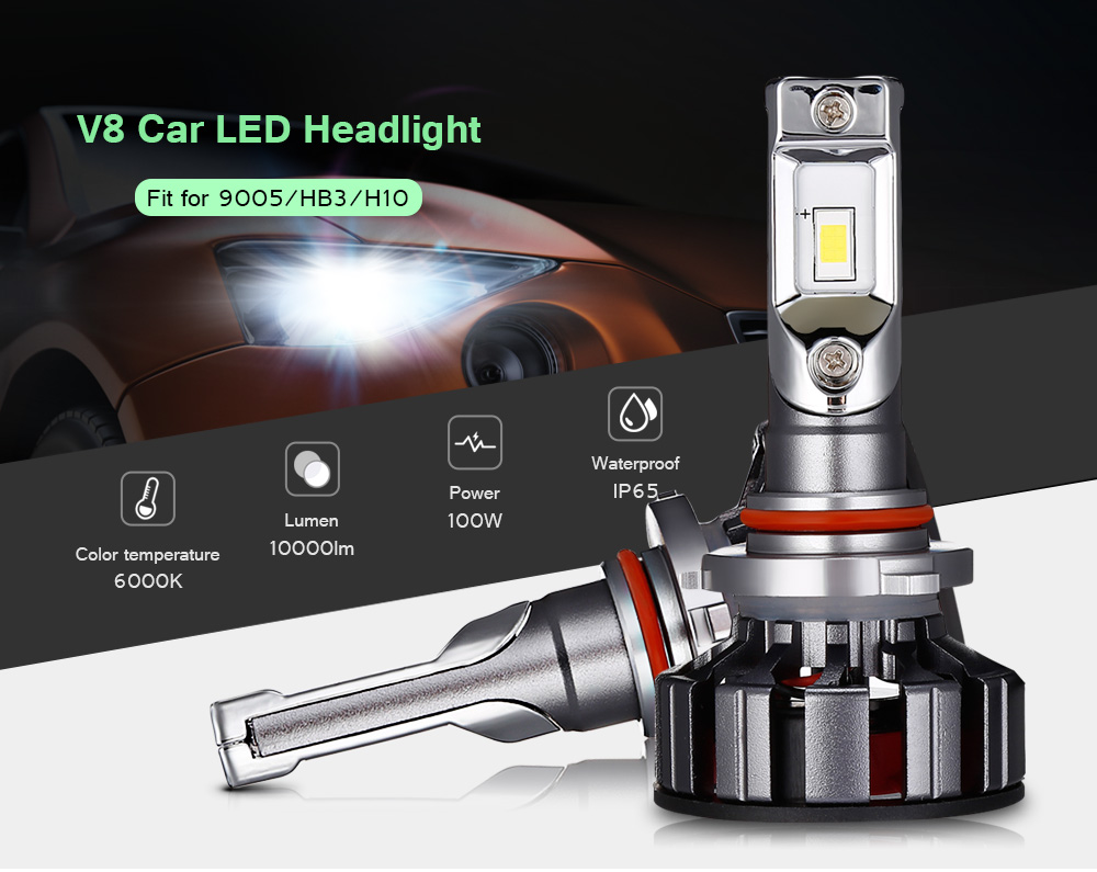 2PCS V8 9005 / HB3 / H10 Car LED Headlight 100W 10000lm 6000K Front Lamp