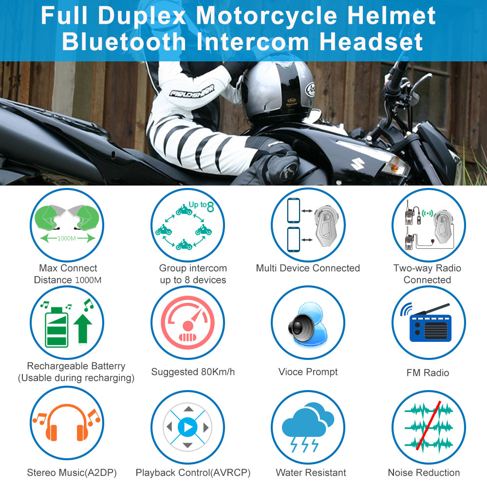 FREEDCONN T - Max 1000m 6 Riders Group Motorcycle Helmet Intercom Headset Bluetooth Interphone