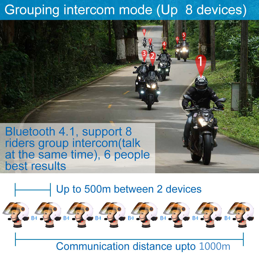 FREEDCONN T - Max 1000m 6 Riders Group Motorcycle Helmet Intercom Headset Bluetooth Interphone