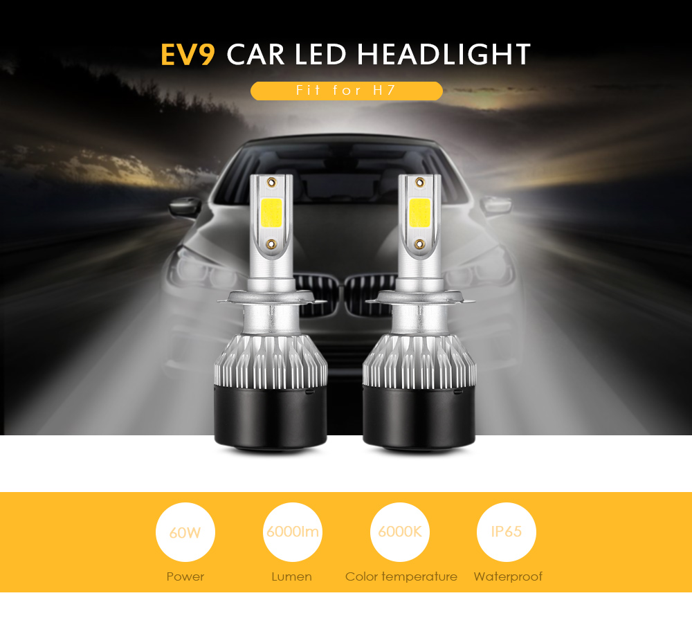 2PCS EV9 H7 Car LED Headlight 60W 6000lm 6000K Front Lamp