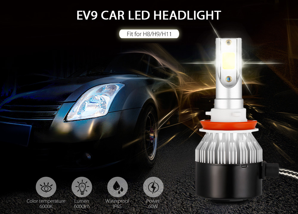 2PCS EV9 H8 / H9 / H11 Car LED Headlight 60W 6000lm 6000K Front Lamp