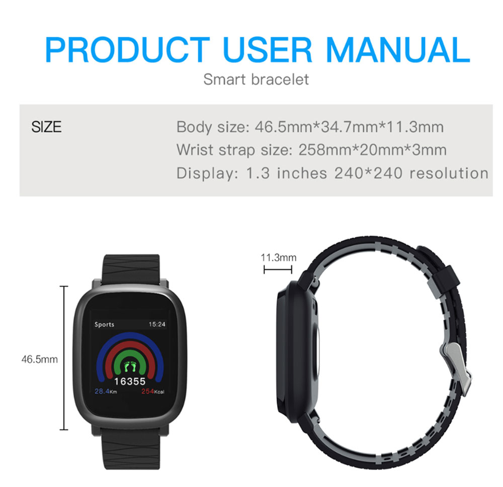 M30 1.3 inch Smart Bracelet Sleep HR Blood Oxygen Pressure Monitor IP67 Waterproof Message Alarm Smartwatch