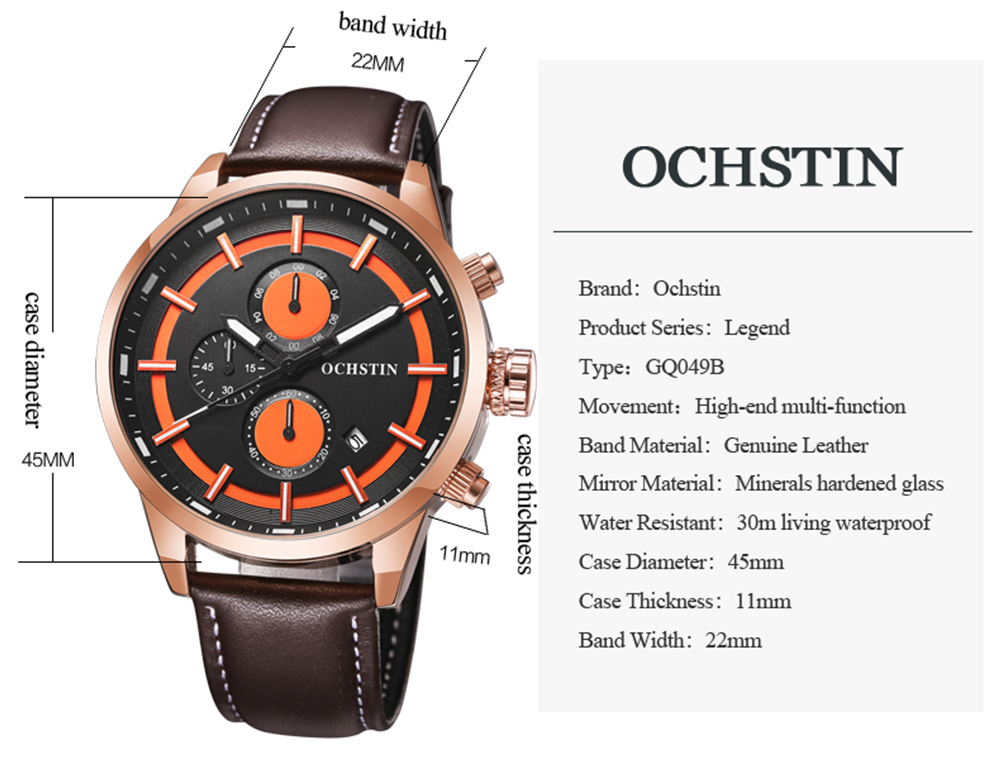OCHSTIN GQ049B Sports Casual Luminous Waterproof 6-pin Men's Quartz Watch with Box
