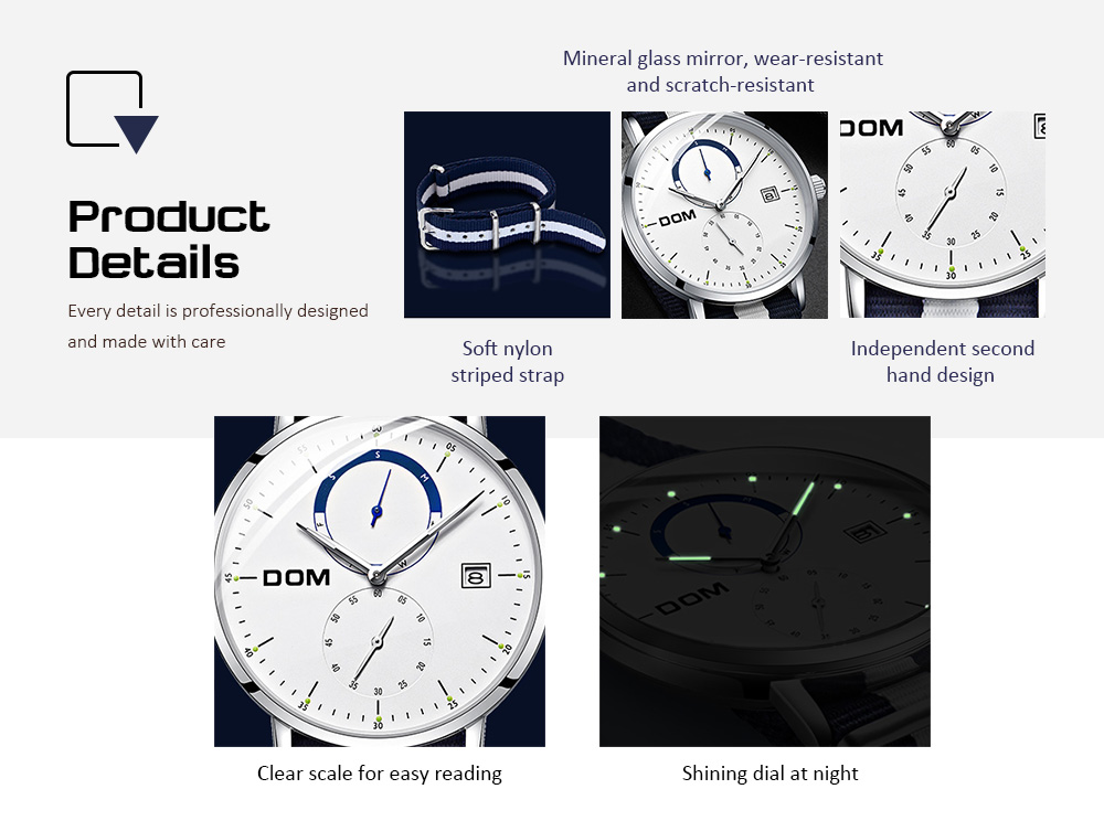 DOM M - 436D - 7M Men Fashion Nylon Strap Three-pin Quartz Watch