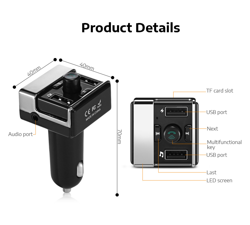 A7 Car Bluetooth MP3 Player Wireless FM Transmitter Dual USB Hands-free Call Voltage Detection