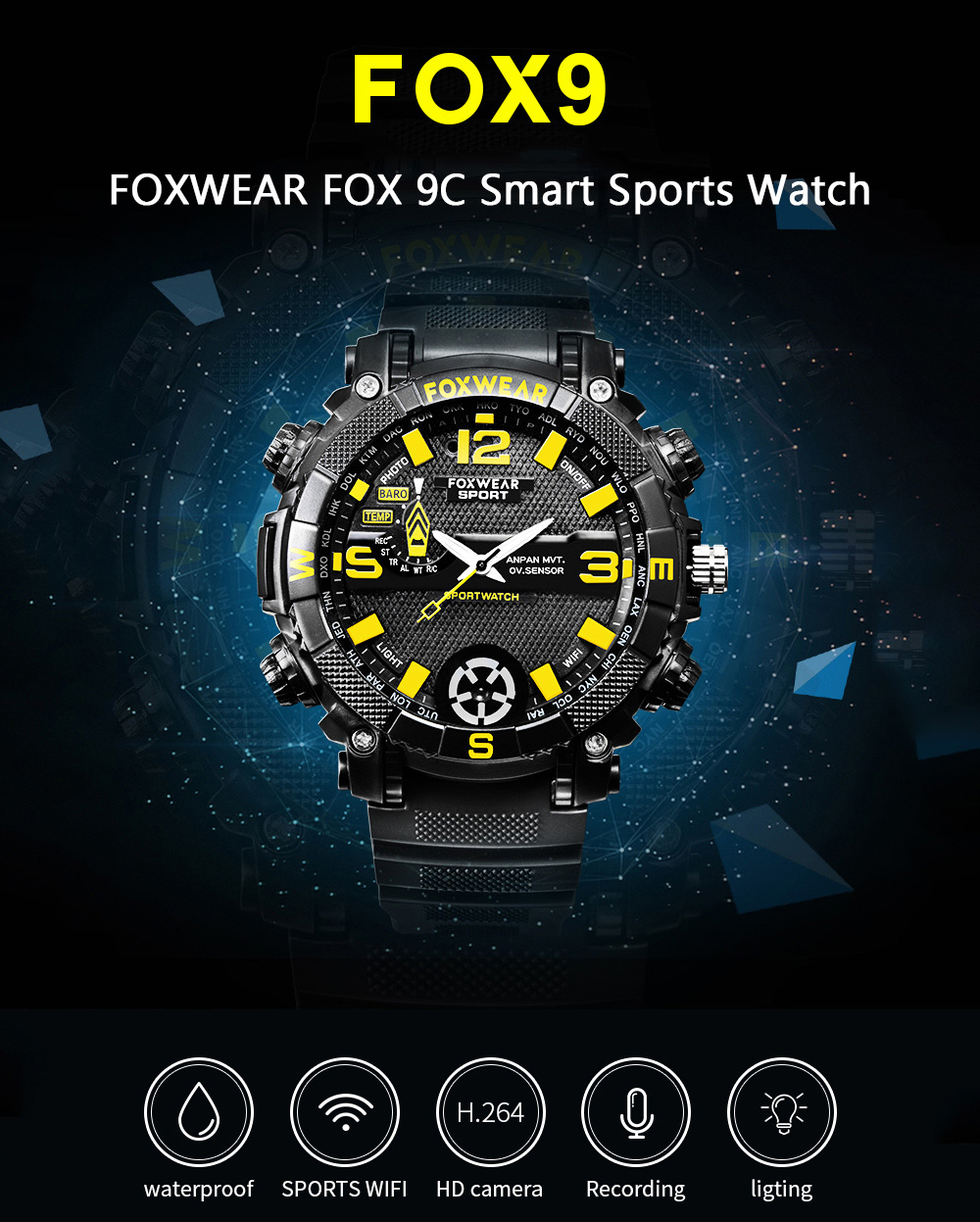 FOXWEAR FOX 9C HD Camera LED Flash IP67 Waterproof Smart Watch Running Cycling Fitness Sports Exercise Bracelet