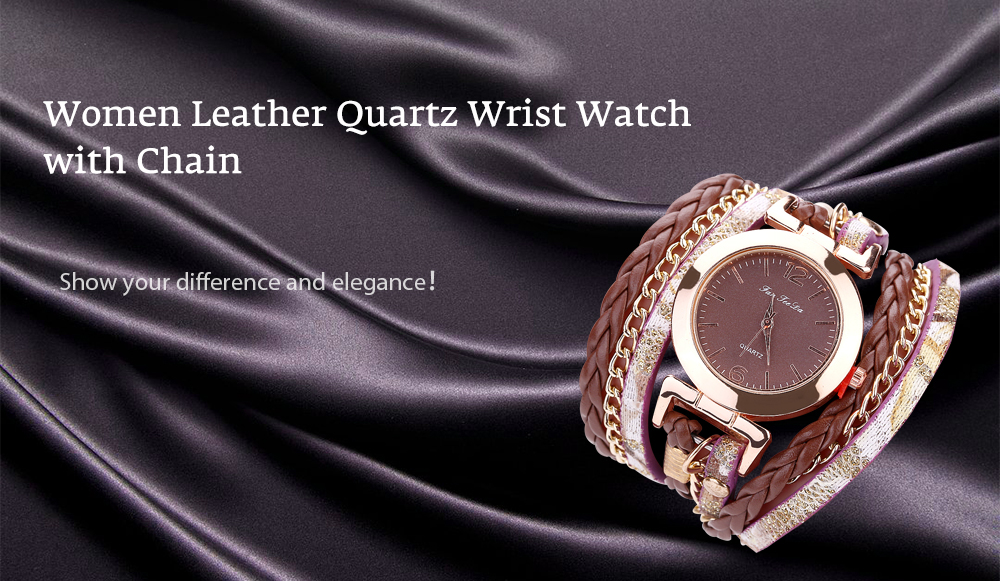 Fanteeda FD092 Women Wrap Around Leather Wrist Watch with Chain