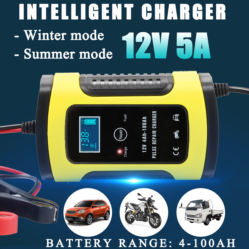12V 5A Pulse Repair Motorcycle And Car Lead Acid Battery Charger With LCD Monitor