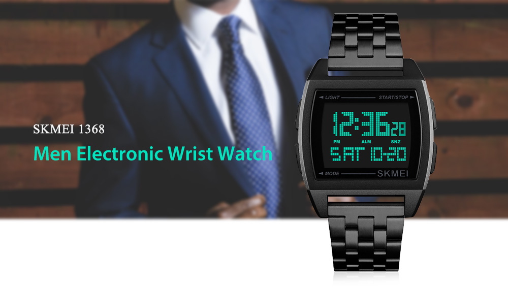 SKMEI 1368 Men Luminous Digital Stainless Steel Band Electronic Wrist Watch 30M Waterproof