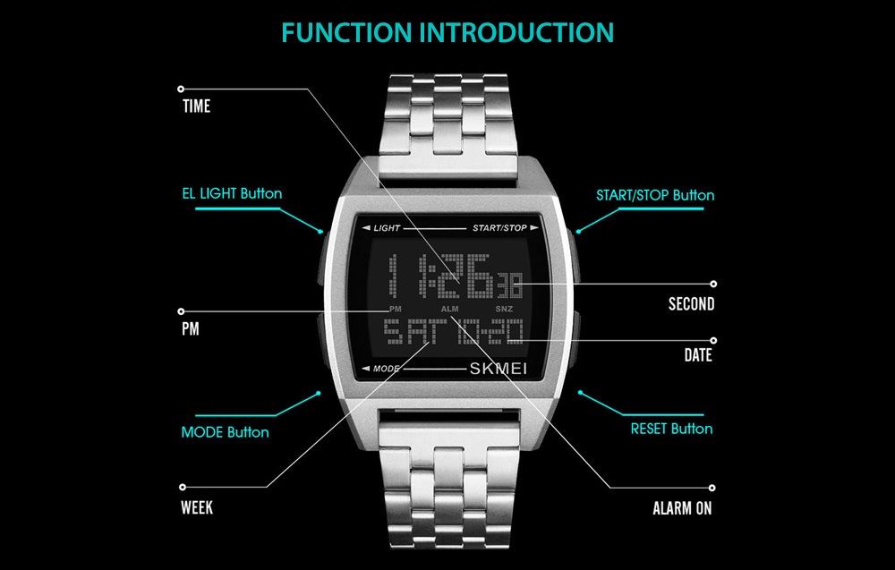 SKMEI 1368 Men Luminous Digital Stainless Steel Band Electronic Wrist Watch 30M Waterproof