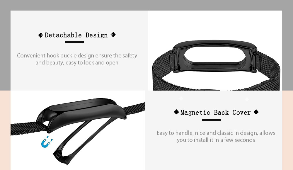 TAMISTER Stainless Steel Net Strap Magnetic Back Cover Replacement Wristband for Xiaomi Mi Band 2