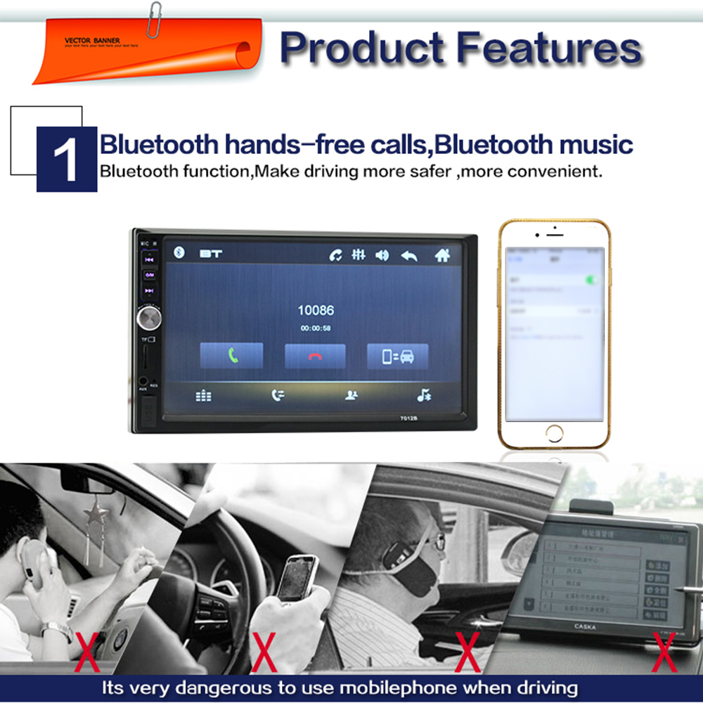 7012B 7 inch Touch Screen Display Supports Bluetooth Call Function